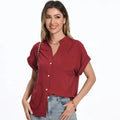 Women's stand collar button front summer top in loose fit with short sleeves