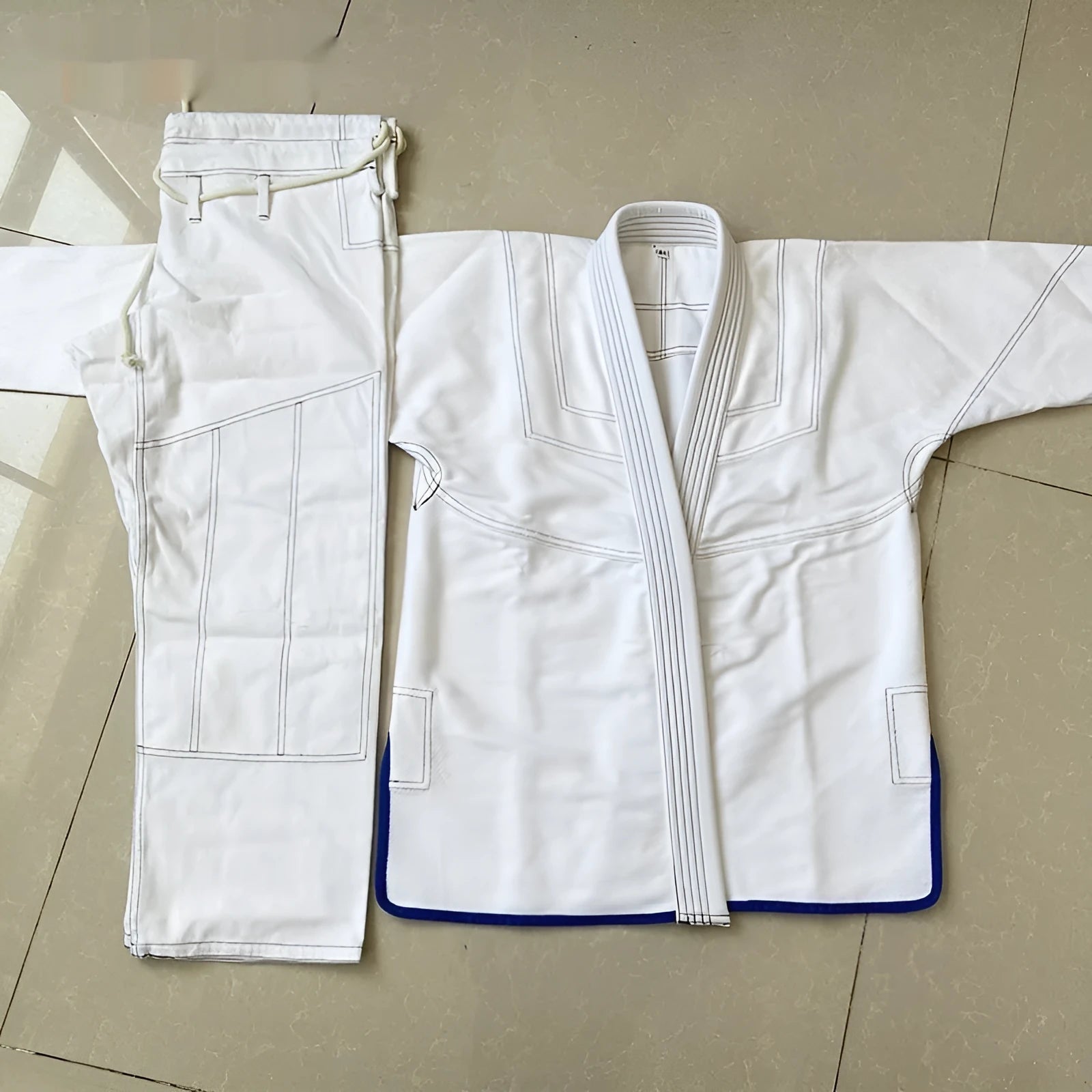 Taoist robe jujitsu suit canvas cotton lining stripes pattern white blue black top and pants set