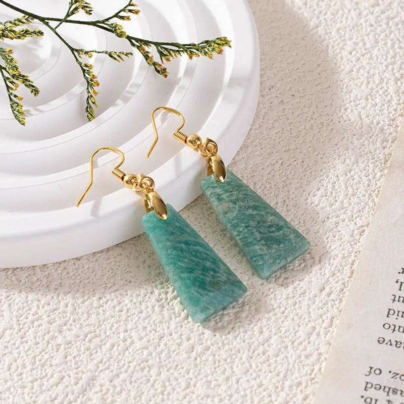 Amazonite rough stone trapezoid earrings with geometric design in gold or silver colour