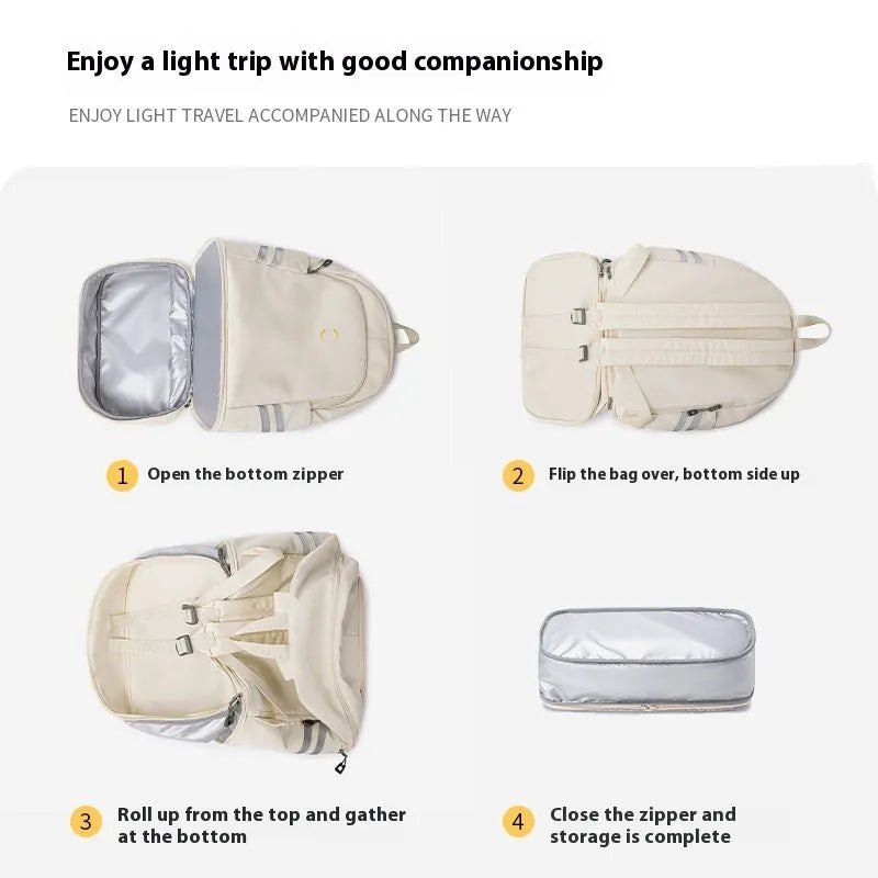 Large capacity dry wet separation travel backpack in beige colour with curved shoulder straps and breathable back panel
