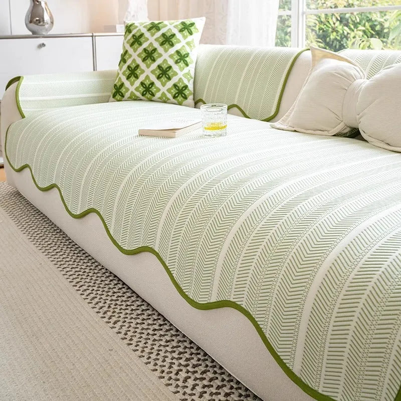 Ice Silk special-shaped straight row mat sofa cover with fixed non-slip cushions in Jelly Green.