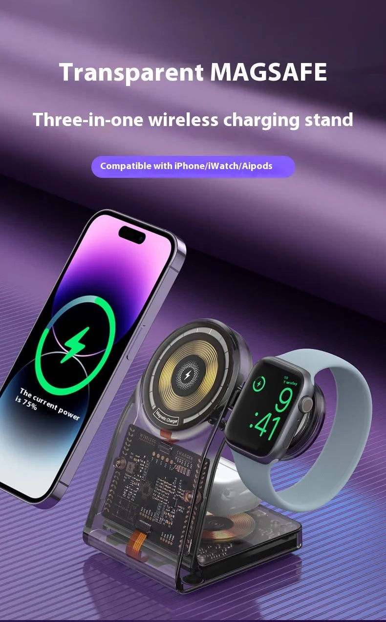 Transparent three-in-one wireless charger with magnetic stand and Type-C port charging a phone, watch, and earbuds