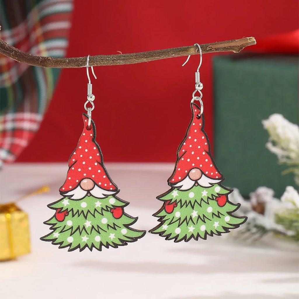 Wooden Christmas earrings with printed Santa Claus and geometric designs in Christmas tree and snowman styles