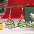 Wooden Christmas earrings with printed Santa Claus and geometric designs in Christmas tree and snowman styles