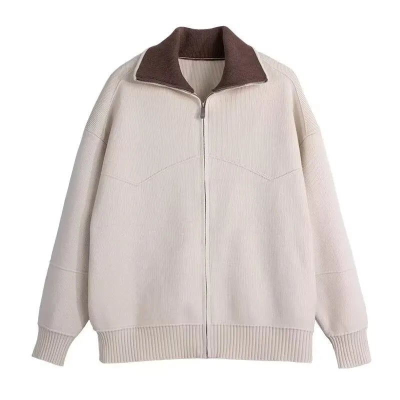 Men's thickened loose knit cardigan in beige, long sleeve, casual style for autumn winter