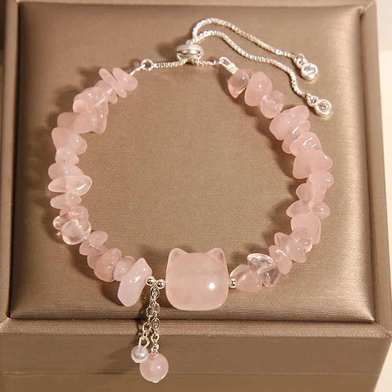 Women's crystal gravel bracelet with kitten charm in pink or agate colour.