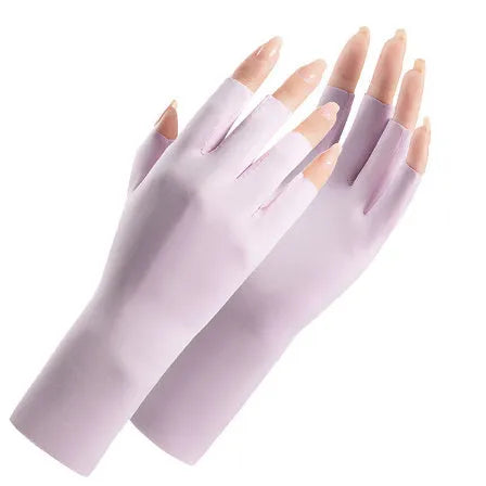 Women's UPF50+ ice silk sunscreen gloves in multiple colour options including splicing patterns