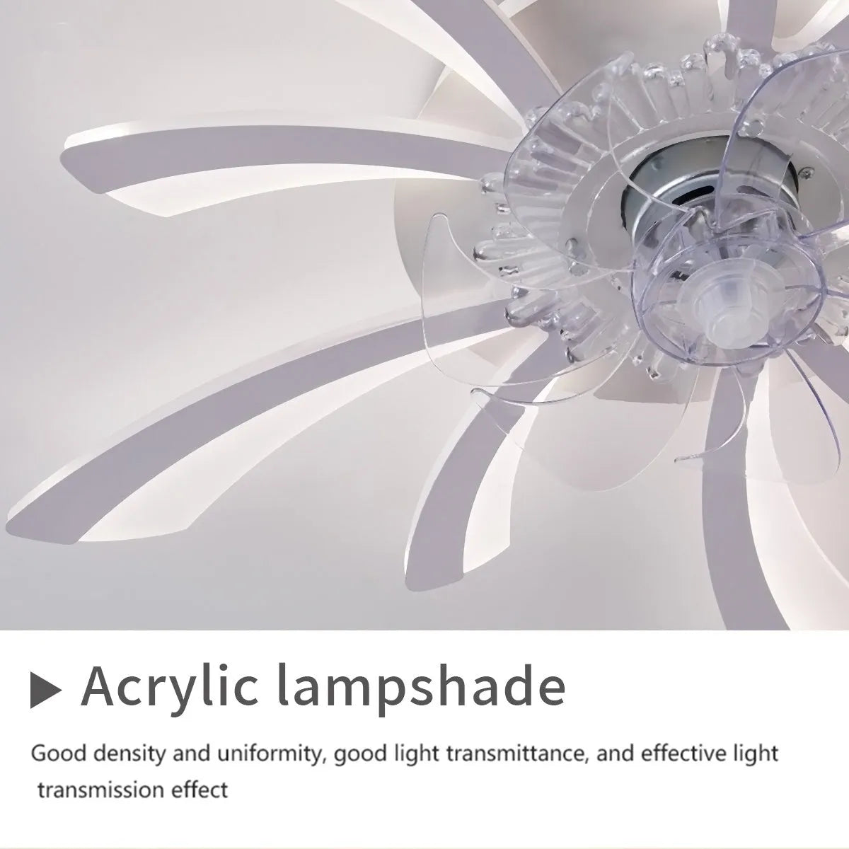 Modern white ceiling fan light with six-blade design and integrated light fitting on a room ceiling.