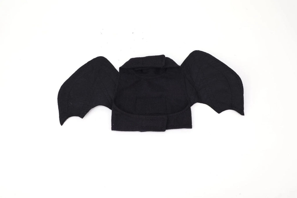Black polyester bat wings costume for a dog, showing chest and back attachment.