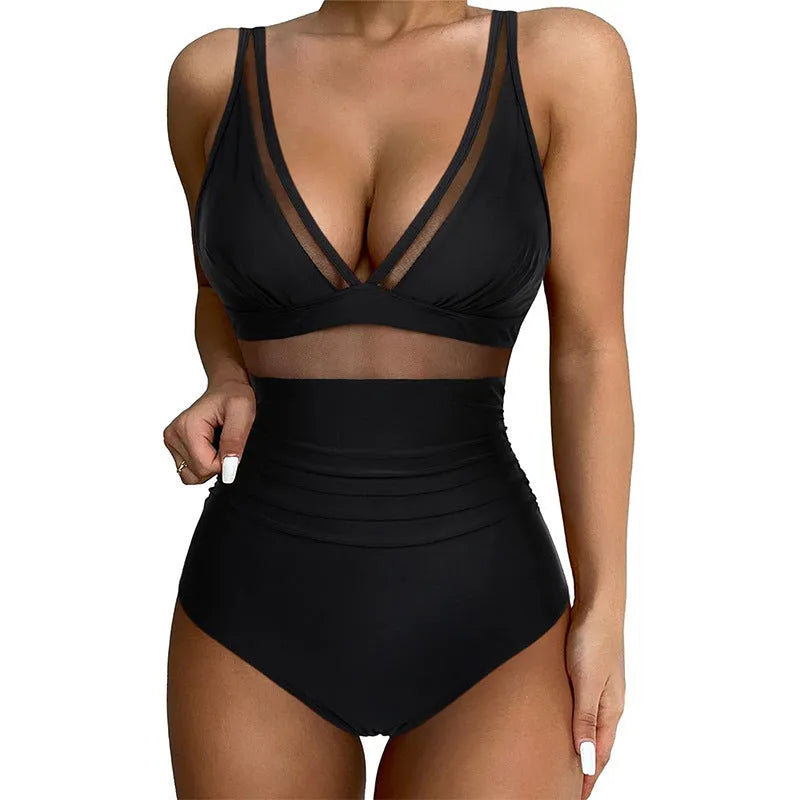 Black women's one-piece swimsuit with halter neck and briefs style, made from nylon fabric