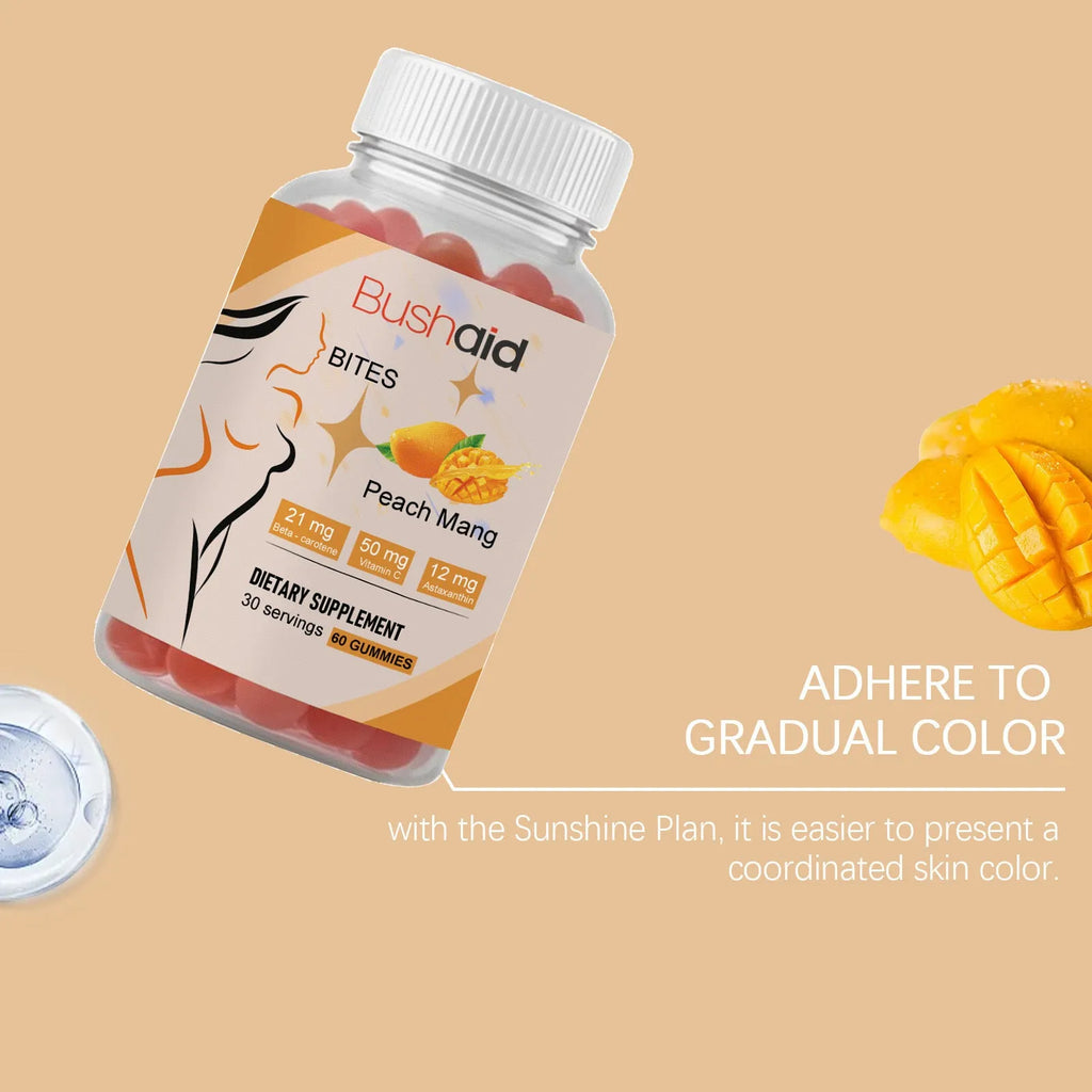 Jar of BUSHAID Tanning Gummy Candies, a 60-count dietary supplement containing Astaxanthin, Lycopene, Zinc and vitamins.