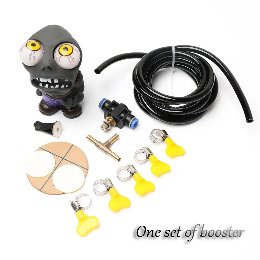 Car turbo blow-off valve modification kit with zombie doll ornament and adjustable pressure valve.