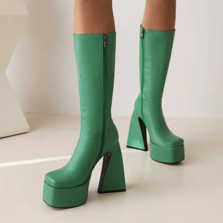 Women's black casual high boots with a round toe, made from PU leather, shown from the side.