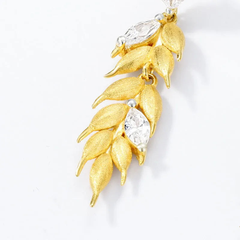 S925 sterling silver diamond-encrusted wheat tassel earrings 10K gold floral leaf design women's light luxury jewellery
