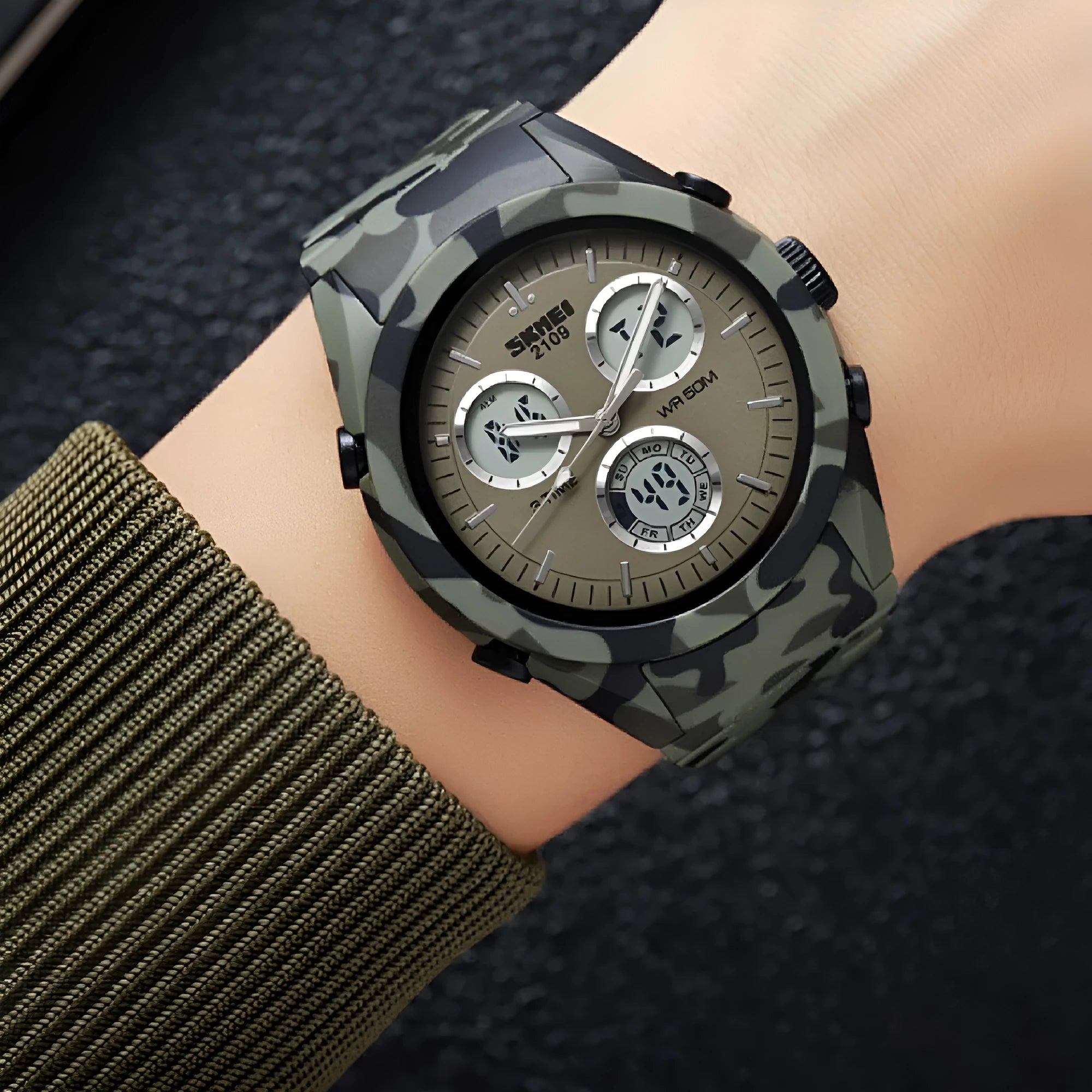 Casual electronic watch with a digital display, TPU strap, and ABS case shown in Army Green camouflage colour.