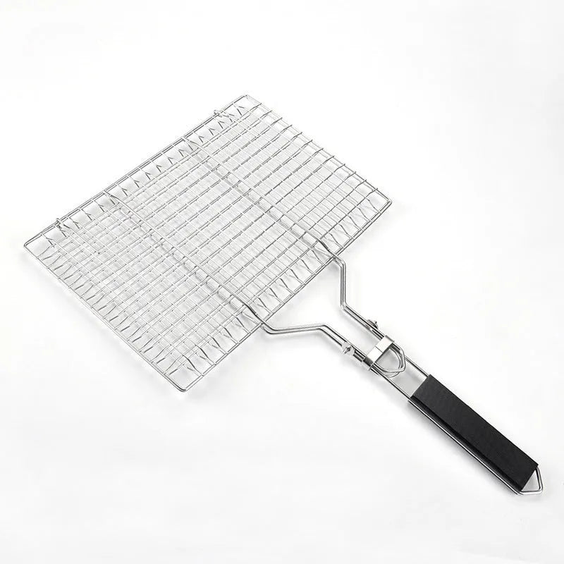 Stainless steel square folding barbecue mesh basket with a cleaning brush.