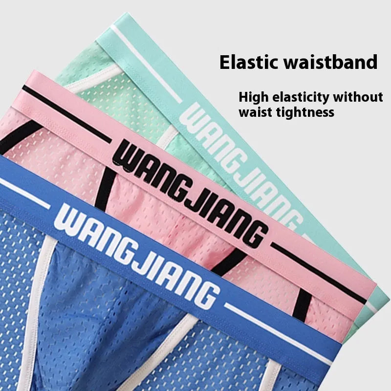 Men's black breathable mesh ice silk triangle underwear briefs laid flat.