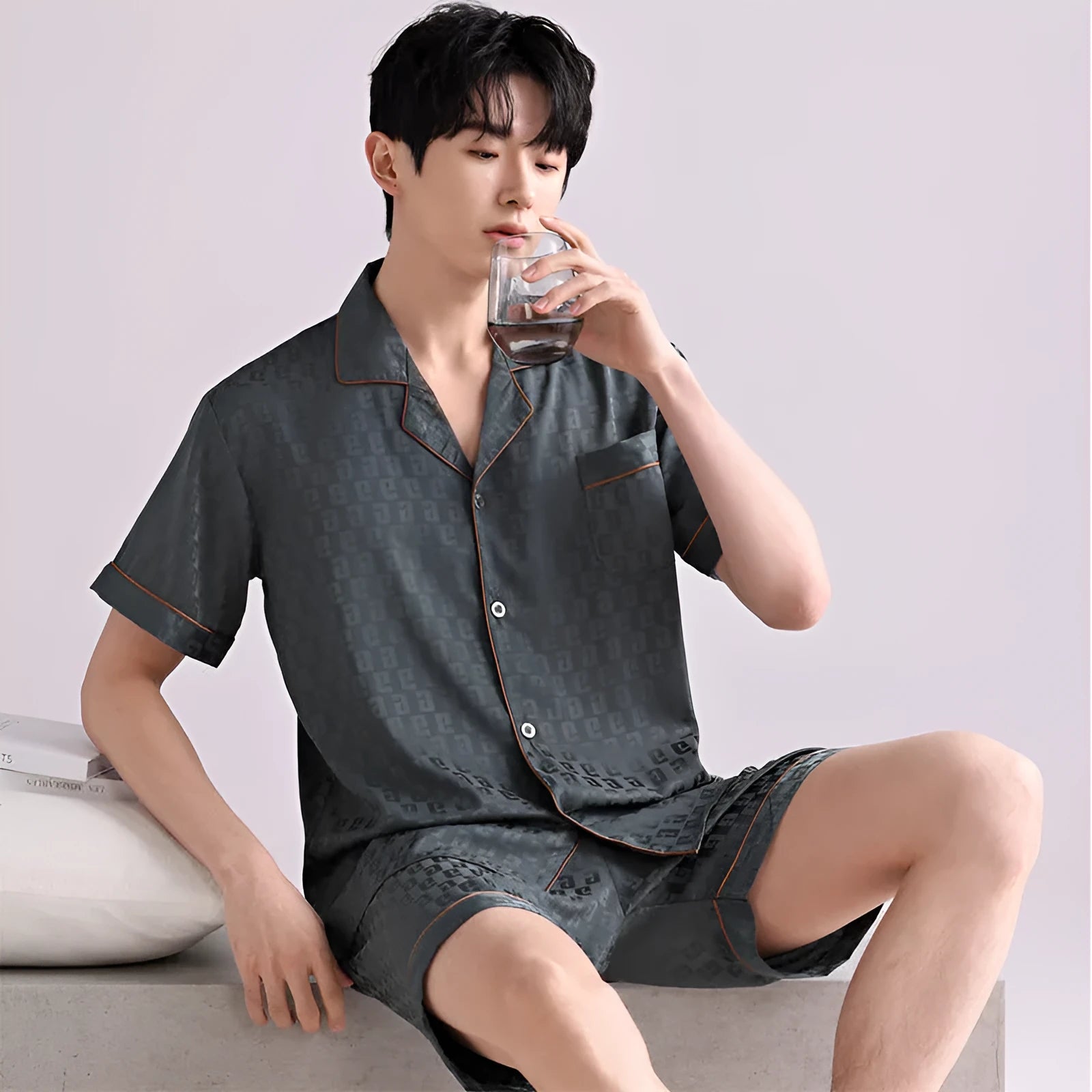 Men's ice silk cardigan pyjama set with shorts in a satin jacquard plaid pattern.