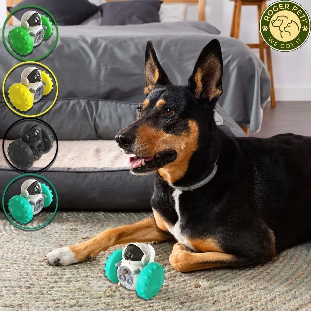 Self-balancing dog treat dispenser toy for small pets in robot design with roller system