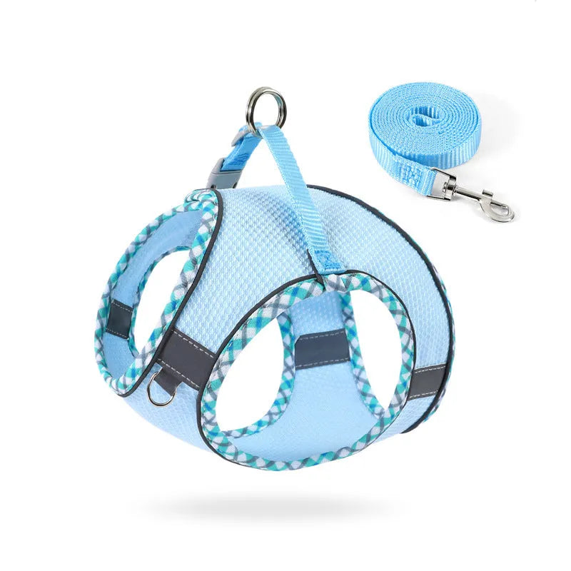Step-in dog harness with leash in breathable mesh with reflective trim