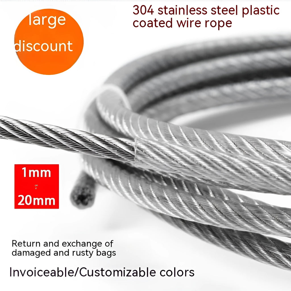 Coiled 304 stainless steel coated security cable with close-up showing multi-strand construction.