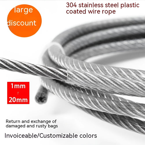 Coiled 304 stainless steel coated security cable with close-up showing multi-strand construction.