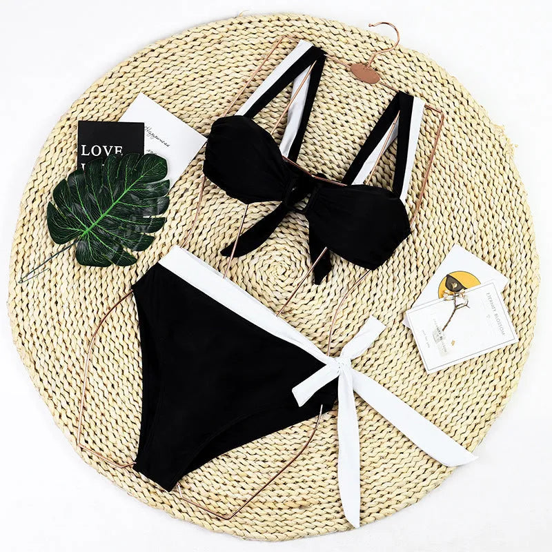 Black high waist bikini set with European and American stitching, two-piece swimwear with top and pants