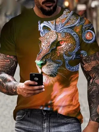 Men's grey t-shirt with a detailed fierce 3D lion graphic print on the front.