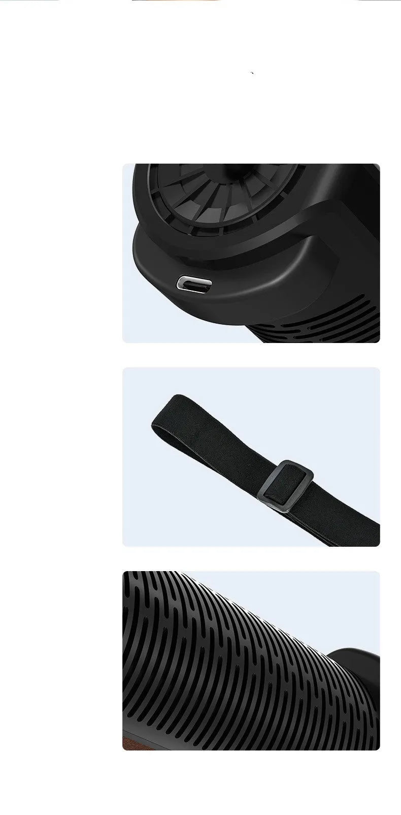 Bladeless USB car fan with ventilated rear design in black, brown, or red colours