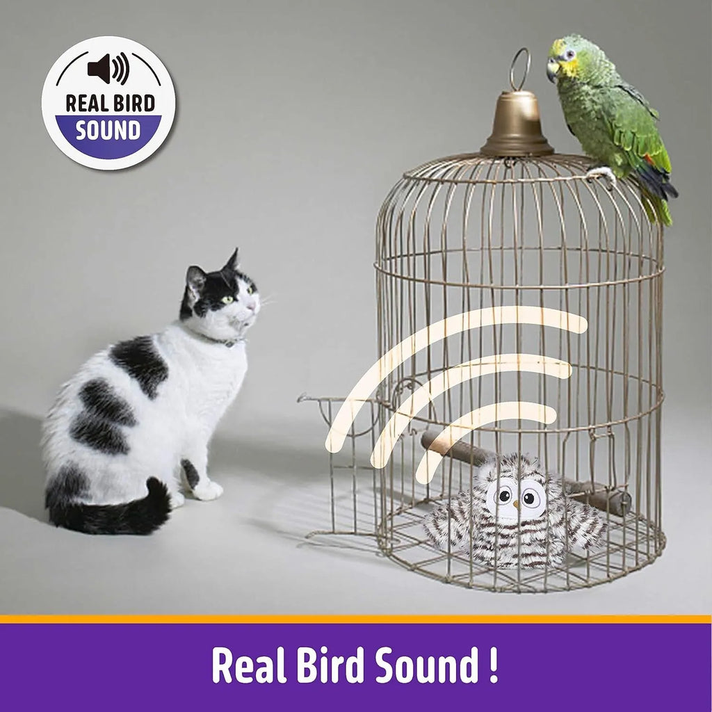 Grey interactive owl cat toy with beating wings for indoor feline entertainment