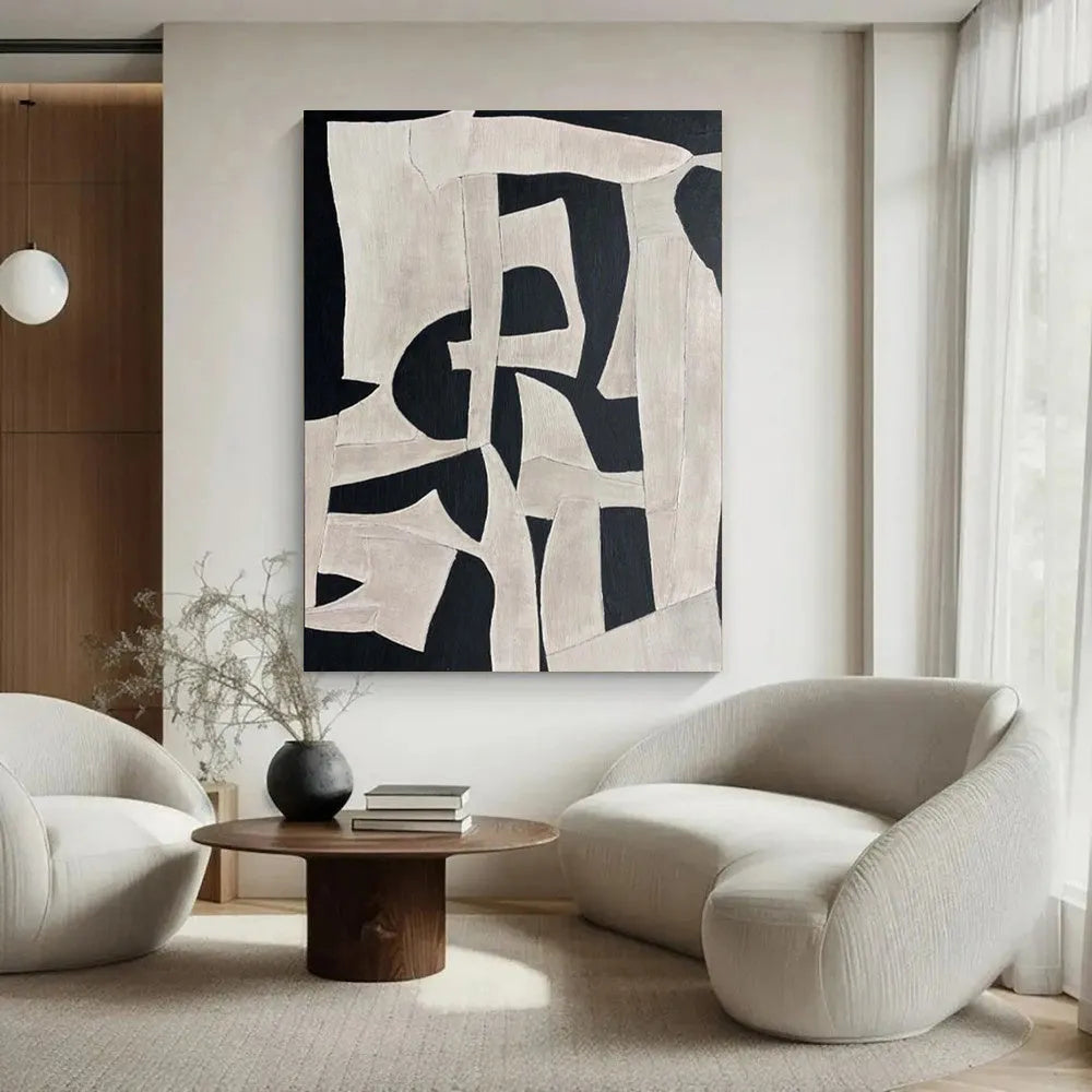 Handmade modern abstract black white textured oil painting on canvas, unstretched and frameless, vertical orientation