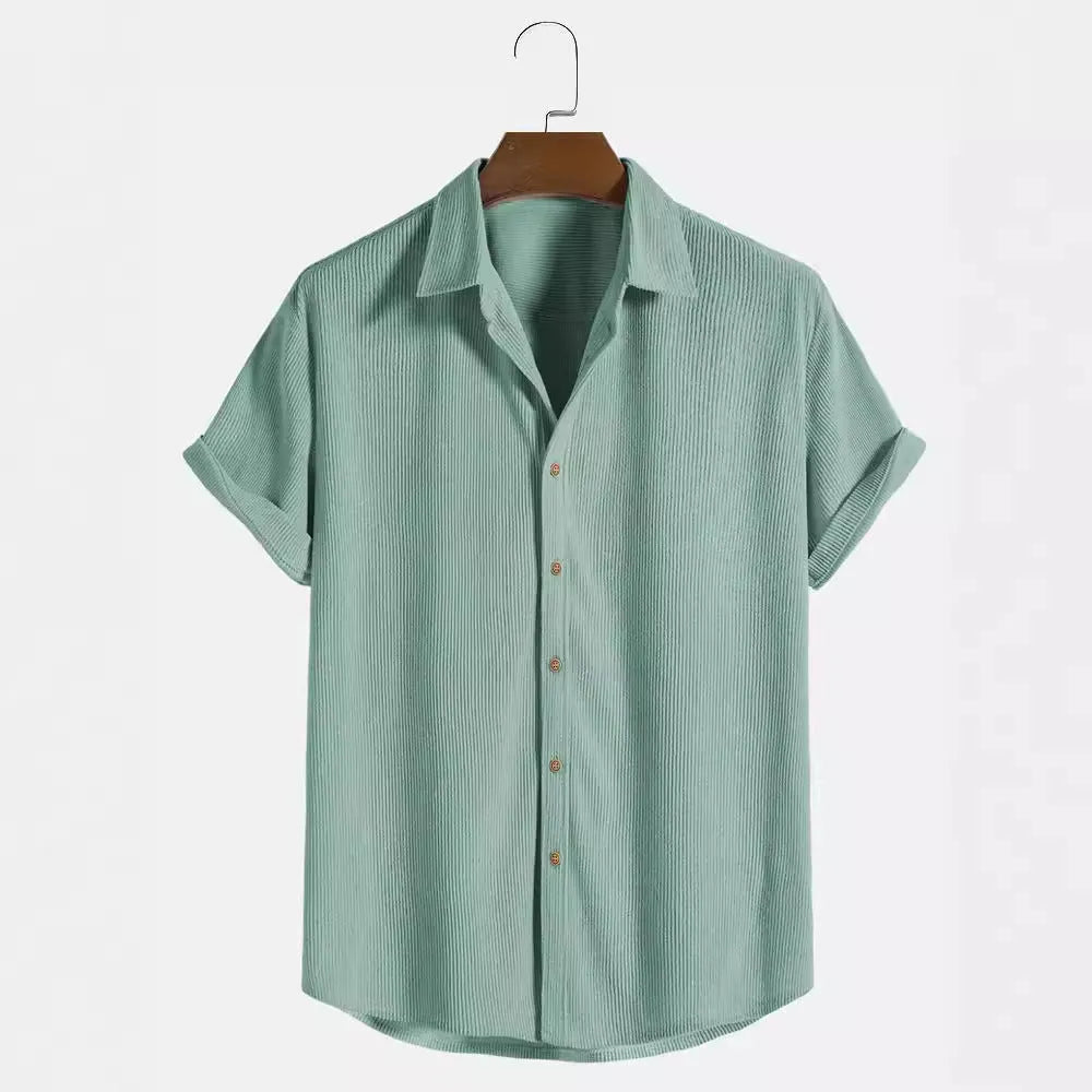 Casual short-sleeved men's cardigan-style shirt in polyester, shown in available colours.