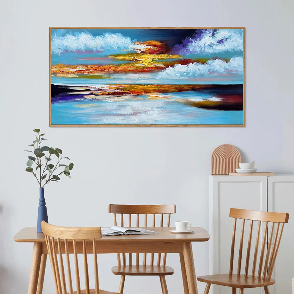 Large bright abstract hand painted oil painting on canvas showing seascape sunset in horizontal orientation