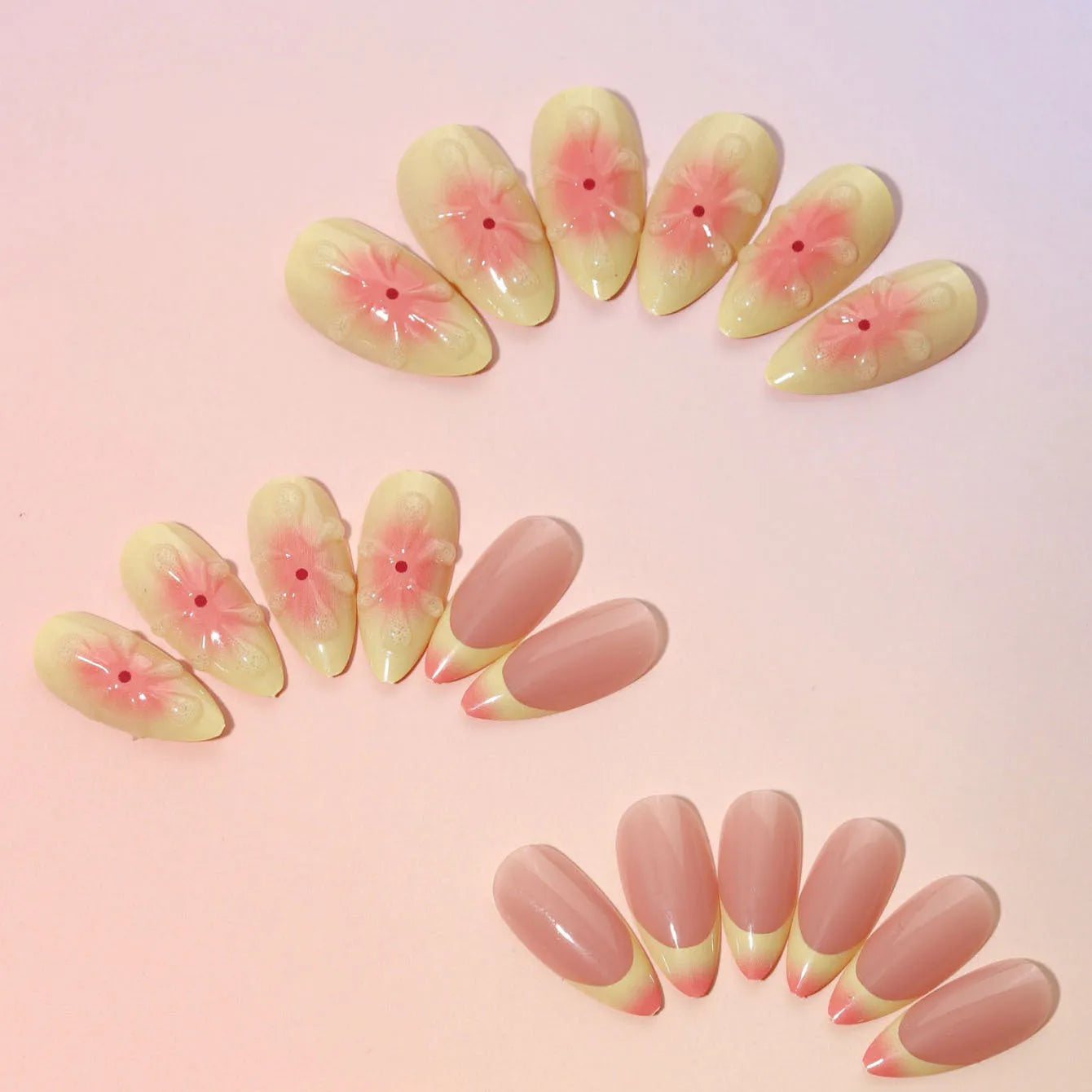 Cartoon 3D flower design on plastic detachable fake nails with jelly glue and file.