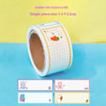 Roll of colourful cartoon name tape stickers showing dinosaur, astronaut, rabbit, and girl designs.