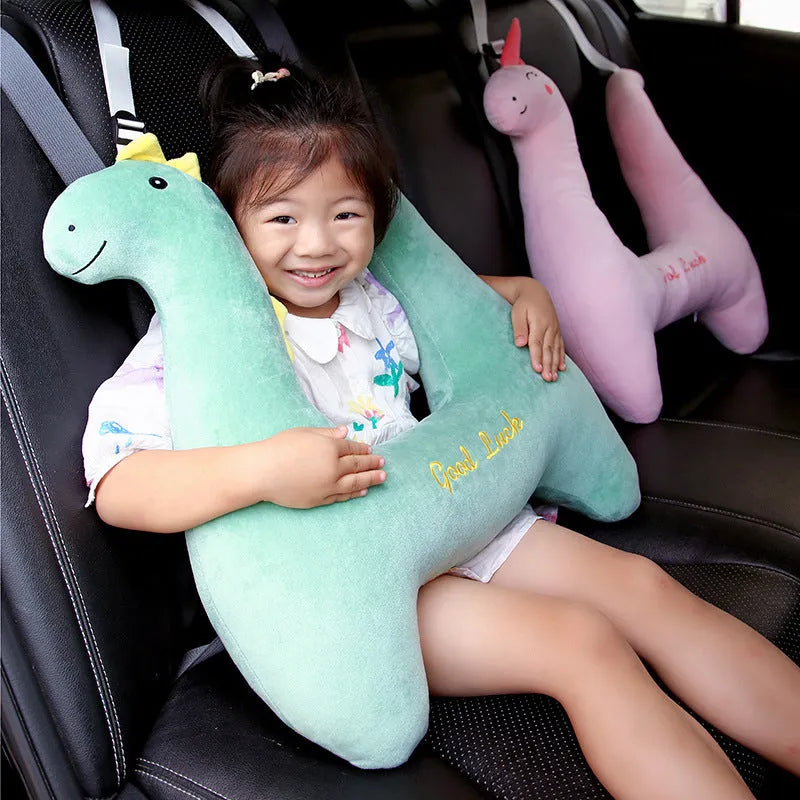 Dinosaur pattern soft plush car bolster pillow for travel, size 60cm by 55cm.