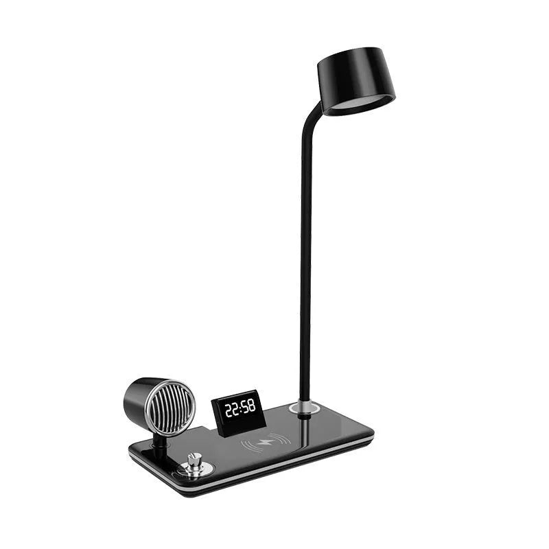 Black wireless charging desk lamp with digital clock display and adjustable LED lighting