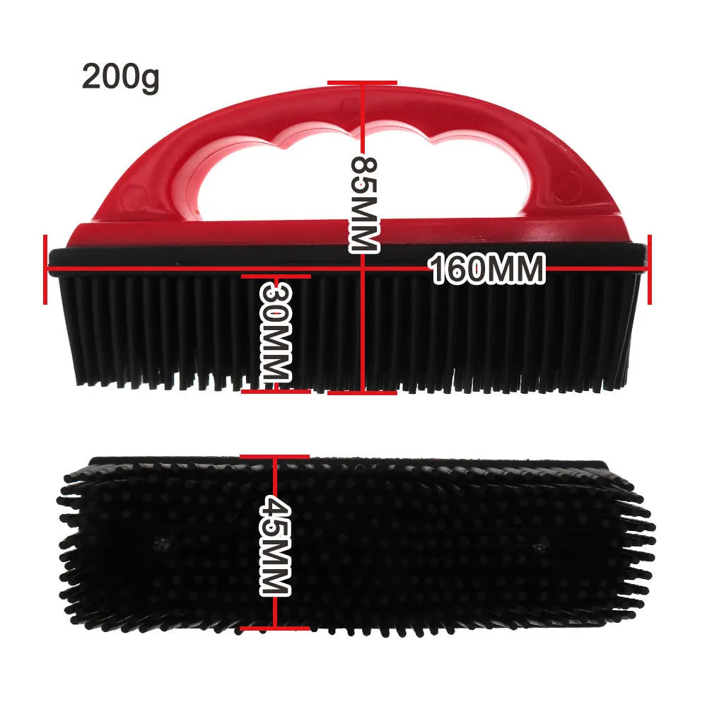 Red pet hair removal brush for bath massage and carpet cleaning, dimensions 160mm by 85mm