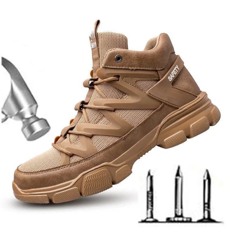 Protective high-top work shoes with anti-smashing toe cap, rubber sole, flying weave upper in khaki colour