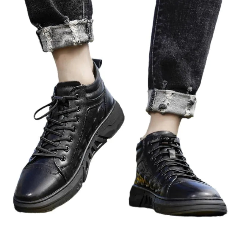 Men's black high-top board shoes with microfiber upper, rubber sole, and sewn detailing