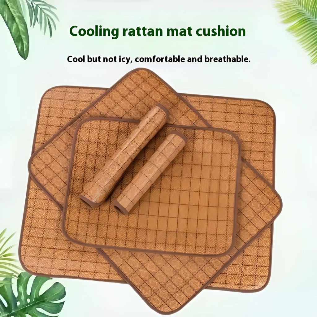 Brown rattan fibre cooling mat for dogs on a floor, showing its woven texture.
