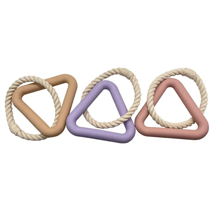 Large triangular pull ring dog toy with twisted cotton rope in beige, pink, or purple.