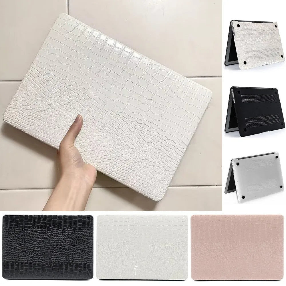 MacBook laptop protective case with leather pattern texture and hollowed-out Apple logo in black colour