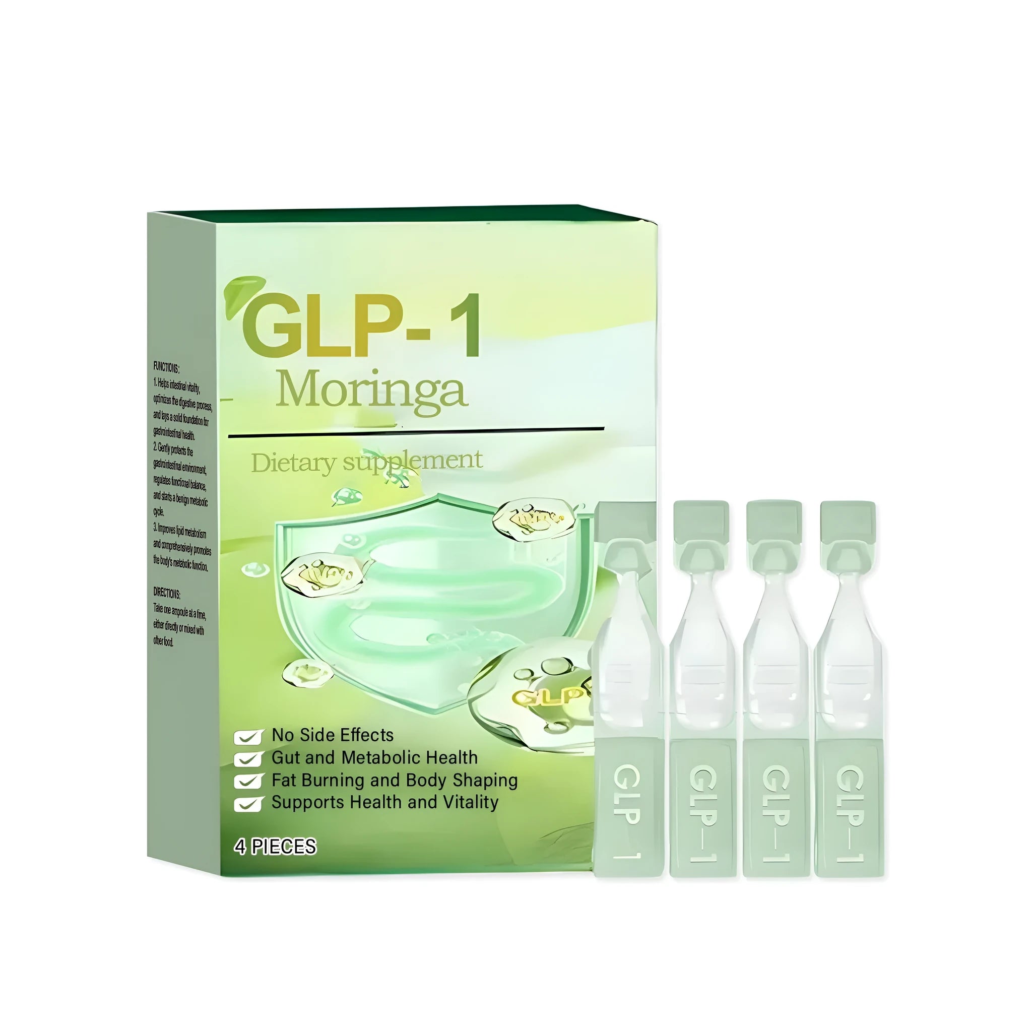 Four bottles of Gastrointestinal Decompression Care Drops with droppers on a white background.