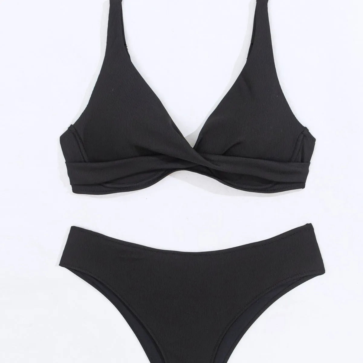 Women's black rib fabric two-piece bikini set with briefs-style bottoms on a mannequin.