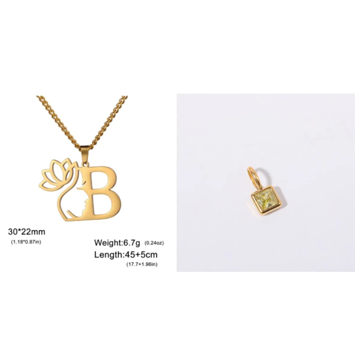 Gold electroplated stainless steel necklace with a cross chain and a letter 'A' pendant on a white background.