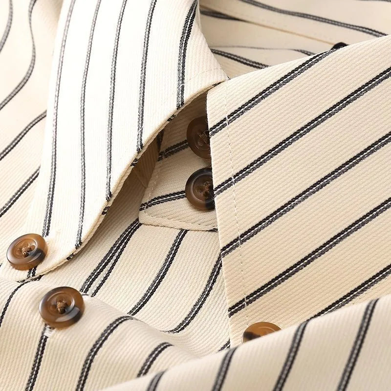 Men's non-ironing striped long-sleeved shirt with wool lining in coffee colour on hanger