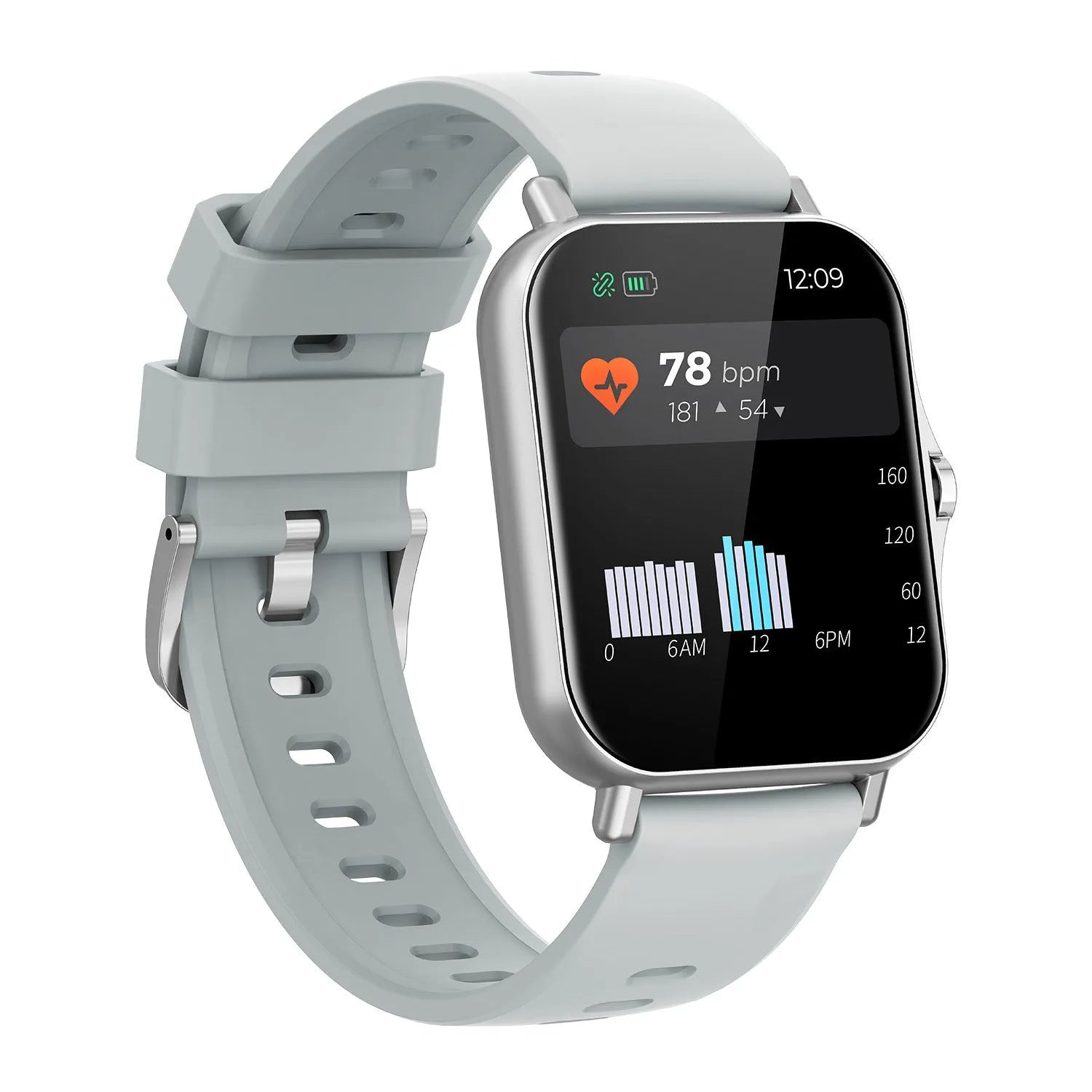 A black Bluetooth smart watch with a curved touch screen displaying a heart rate reading on the wrist.