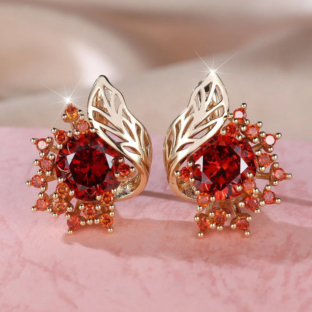 Rose gold round flower feather earrings with a choice of coloured zircon stones.