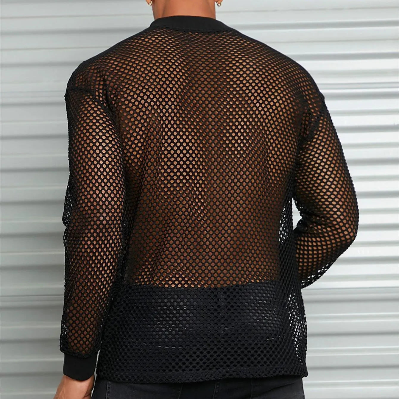 Black men's drop shoulder mesh shirt with long sleeves and loose fit casual design